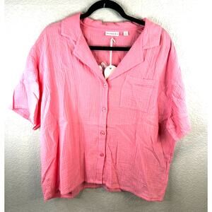 Van Winkle & Co Bubble Gum Pink Button Up Collar Short Sleeve Blouse